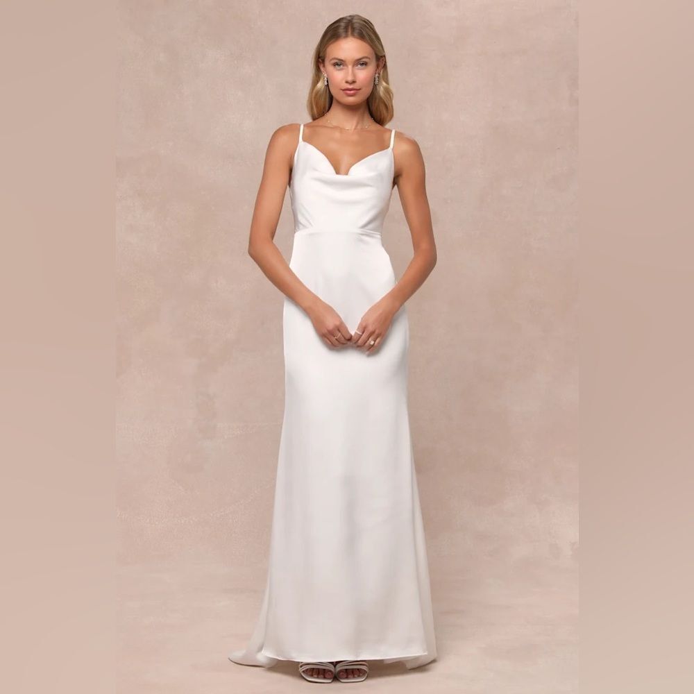 Lulus Pristine Romance White Satin Cowl Neck Mermaid Maxi Dress